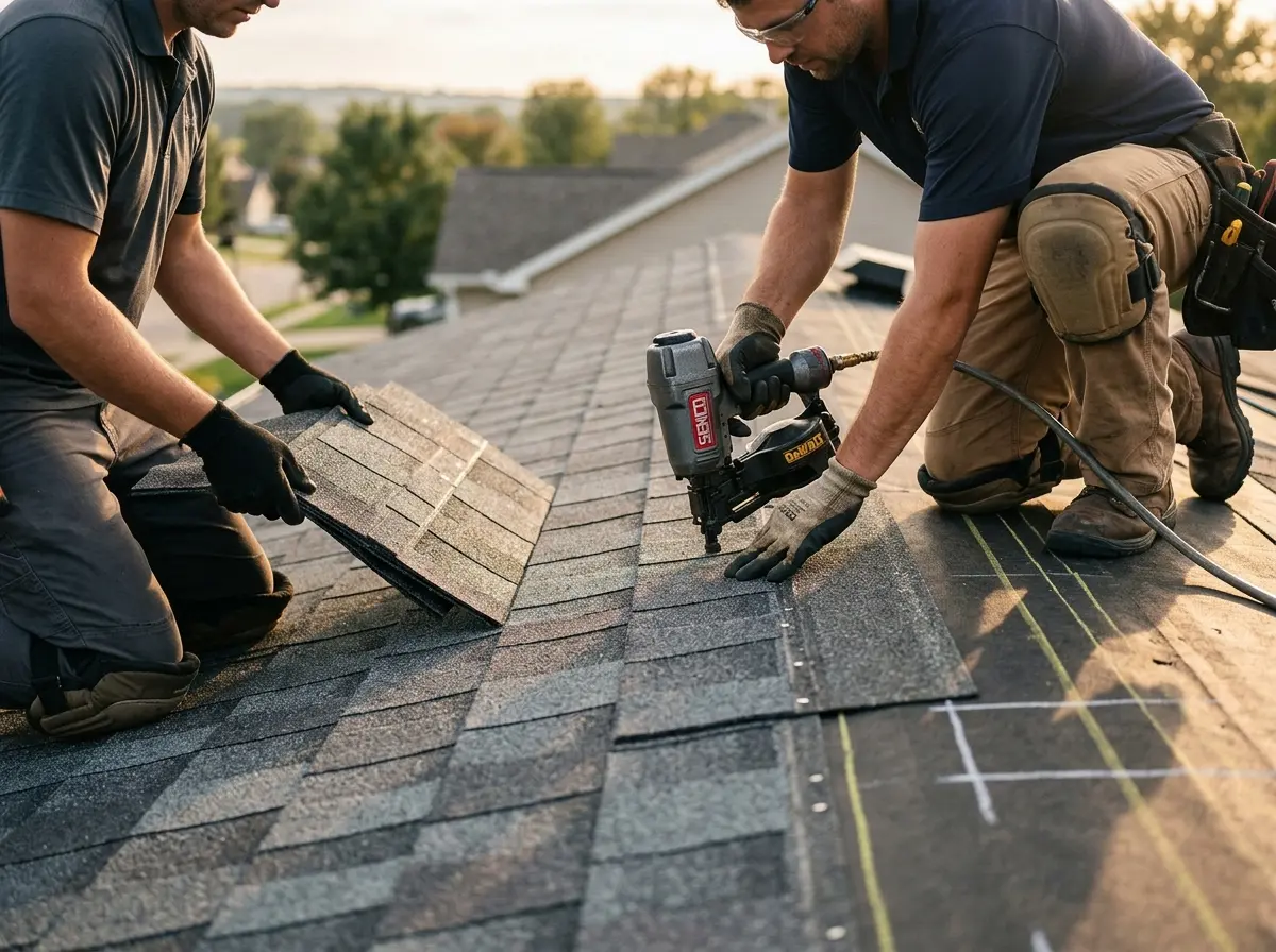 Professional roofer working on a residential roof in Leighton